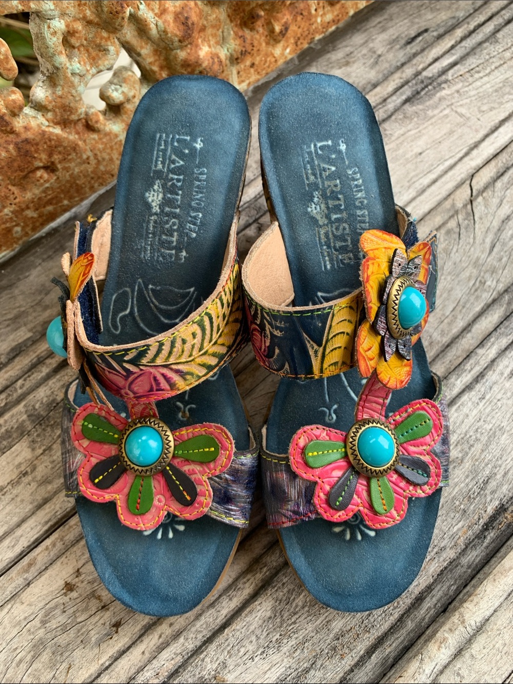 Spring Step L’ Artiste Boho Floral Turquoise-Accent Women's Slide Mules